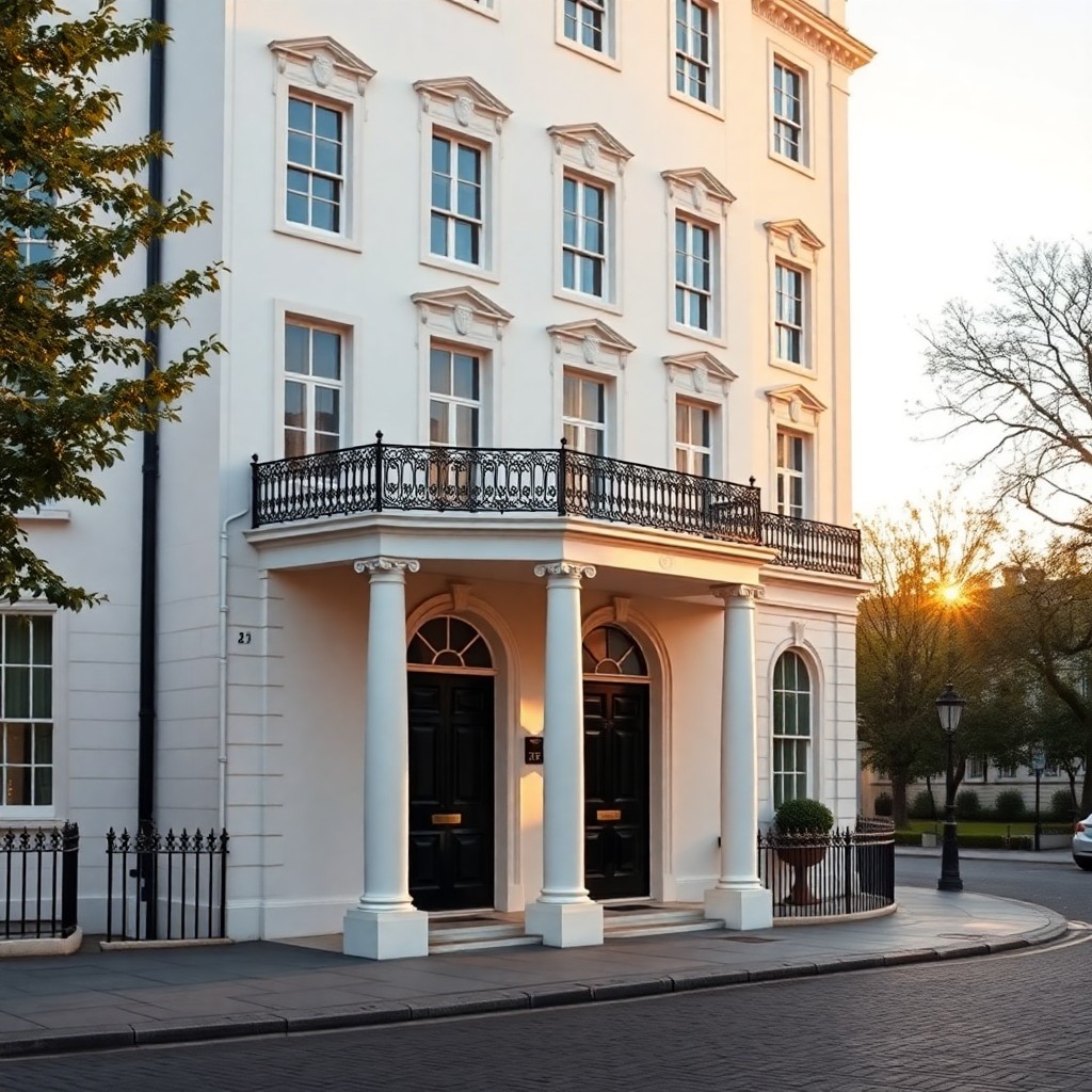 Grade II listed white stucco townhouse in Belgravia, London.