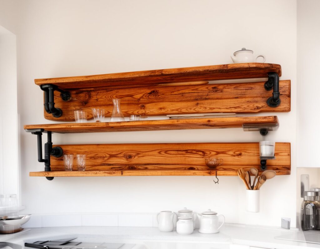 reclaimed wood shelves in kitchen